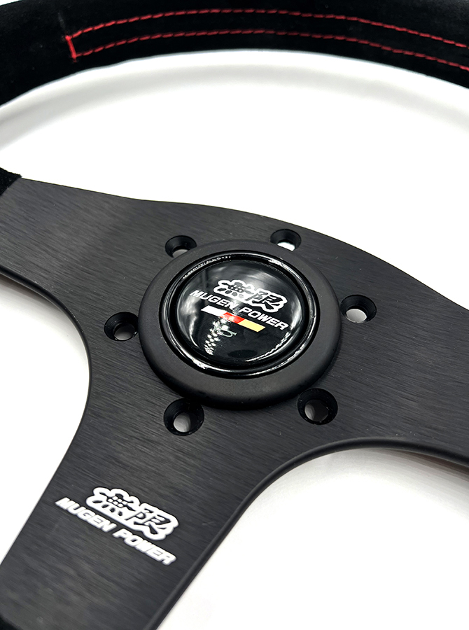 Evasive Motorsports: Mugen Racing III Steering Wheel - 350mm (Black Suede /  Red Stitch)